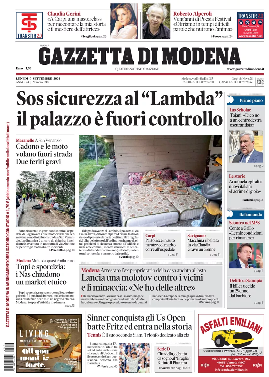 Prima-pagina-gazzetta di modena-oggi-edizione-del-2024-09-09